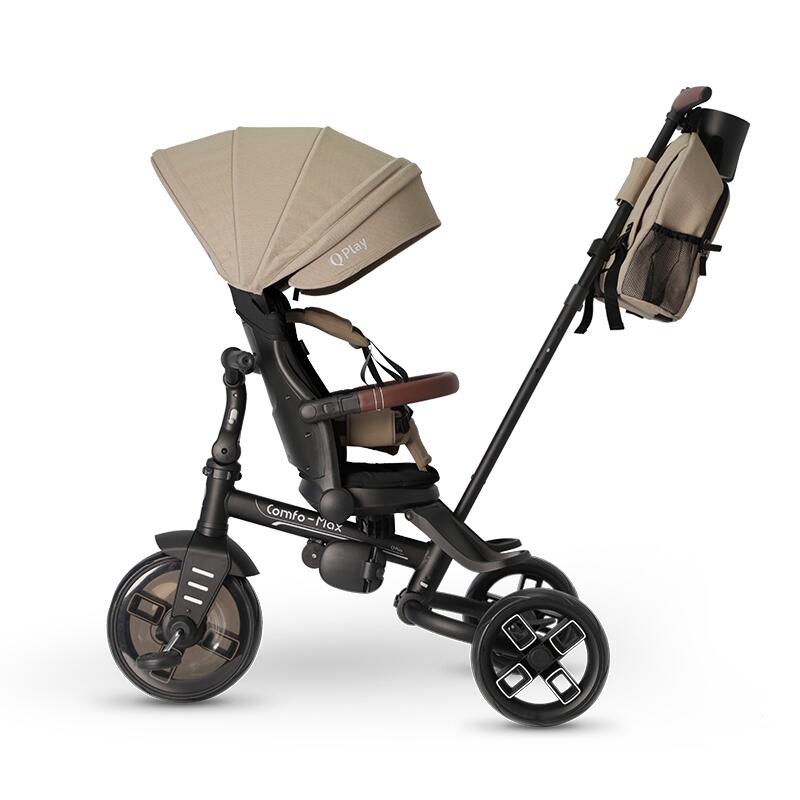 Tricicleta pentru copii Qplay Comfo Max Bej inchis, ultrapliabila, scaun pivotant, roti eva, spatar reglabil