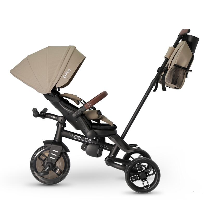 Tricicleta pentru copii Qplay Comfo Max Bej inchis, ultrapliabila, scaun pivotant, roti eva, spatar reglabil - 1 | YEO