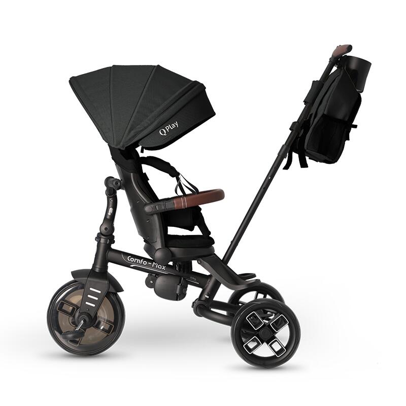 Tricicleta pentru copii Qplay Comfo Max Negru, ultrapliabila, scaun pivotant, roti eva, spatar reglabil