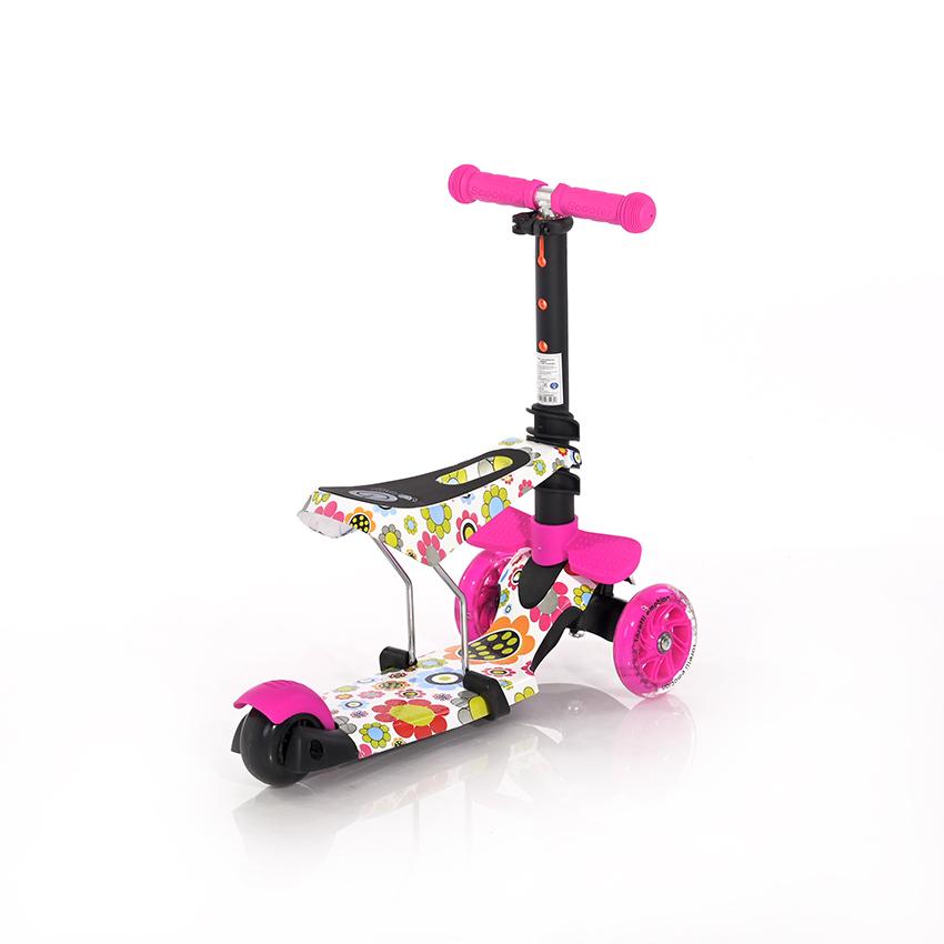 Trotineta pentru copii Smart Pink Flowers, 3 roti LED, scaun reglabil si detasabil, ghidon reglabil, greutate suportata 20 kg, varsta 3 ani+