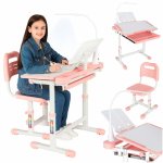 Birou cu scaunel pentru copii pink, inaltime reglabila, constructie durabila, lampa led detasabila cu 3 moduri de iluminare