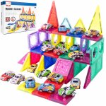Set de constructie 3D pentru copii, Malplay, cu blocuri magnetice si 20 de masinute, 68 de piese