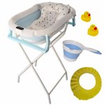 Cadita pliabila pentru bebelusi KidsCare Albastra cu suport metalic, termometru, perna reductor, jucarii, protectie cap, cana pliabila