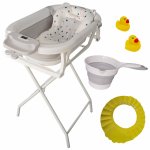 Cadita pliabila KidsCare Gri cu suport metalic, termometru, perna reductor, jucarii, protectie cap, cana pliabila