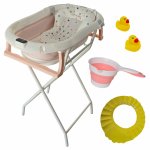 Cadita pliabila pentru bebelusi KidsCare Roz cu suport metalic, termometru, perna reductor, jucarii, protectie cap, cana pliabila
