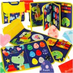 Carte senzoriala de manipulare pentru copii Dino, din pasla, pentru invatarea numerelor, culorilor, limba engleza, dimensiune 28 x 25 x 3.5 cm