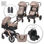 Carucior pentru copii Lorelli Viola Pearl Beige transformabil, cu suspensii, cadru din aluminiu, parte sport reversibila, bara frontala detasabila, multiple accesorii, greutate admisa 22 kg