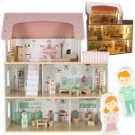 Casuta de papusi pentru copii Ikonka Peonio pink, realizata din lemn, cu iluminare led, 5 camere, balcon, complet utilata, dimensiuni 26.5 x 61.5 x 70 cm