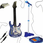 Chitara electrica pentru copii blue, dimensiune 72.5 x 25 x 3.5 cm, design realis, cu amplificator, microfon cu suport, cabluri de conectare
