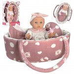 Set papusa bebe in cosulet de transport Malplay, cu perna, paturica si suzeta roz incluse, inaltime 30 cm