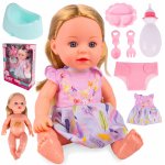 Papusa bebe interactiva pentru copii, cu par blond lung, vorbeste, papa din biberon si face pipi, echipata cu rochita si accesorii de ingrijire incluse, inaltime 33cm
