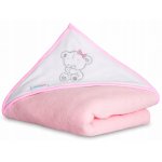 Prosop de baie pentru copii BabyMam prevazut cu capison decorat cu broderie vesela, 100% bumbac, dimensiune 100 x 100 cm, Teddy Bear Pink