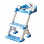 Reductor toaleta pentru copii Little Mom Teddy blue, cu doua trepte, colac moale din pvc detasabil, pliabil, design anti-stropire, baza antiderapanta, inaltime reglabila, spatar si manere, compatibilitate universala