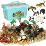 Set figurine pentru copii Ikonka Zoo animals, cu 59 elemente in cutie de transport cu maner