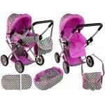 Set Carucior de papusi pentru copii Alice pink/grey, dimensiune 60 x 36 x 68 cm, pliabil, cu salteluta, landou si gentuta de transport inclusa