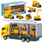 Set camion de remorcare Ikonka pentru copii, echipat cu 6 masinute de constructie, dimensiune 36 x 15 x 10 cm