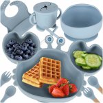 Set complet de hranire copii, Ikonka, cu 9 piese din silicon, pentru diversificare hrana, bleumarin Crab