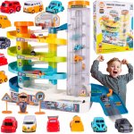 Set de joaca pentru copii, Malplay, cu garaj supraetajat, parcare pe 4 nivele, lift electric si 6 masinute incluse