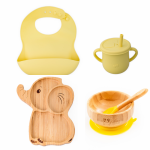 Set diversificare pentru copii Castron, farfurie elefant din bambus cu lingurita, cana cu pai si baveta Oaki Galben