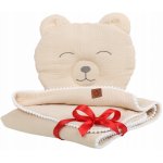 Set paturica 73x96 cm si perna 31x24 cm pentru copii Babymam, din muselina cu structura aerisita, model beige Teddybear