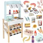 Stand de cumparaturi pentru copii, realizat din lemn, cu casa de marcat, cos, complet echipat, dimensiune 97x27x45 cm