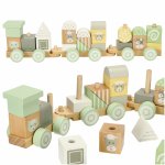 Trenulet din lemn pentru copii, cu blocuri de construit, dimensiune 39 x 7.5 x 10 cm