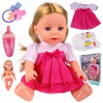 Papusica fetita cu biberon pentru copii, design realist, cu functii interactive poate bea din sticla, face pipi in olita, rade si plange, dimensiune 33 x 15.5 cm