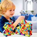 Joc de constructie magnetic pentru copii Malplay, cu 80 de elemente 3D multicolore, constructie stabila