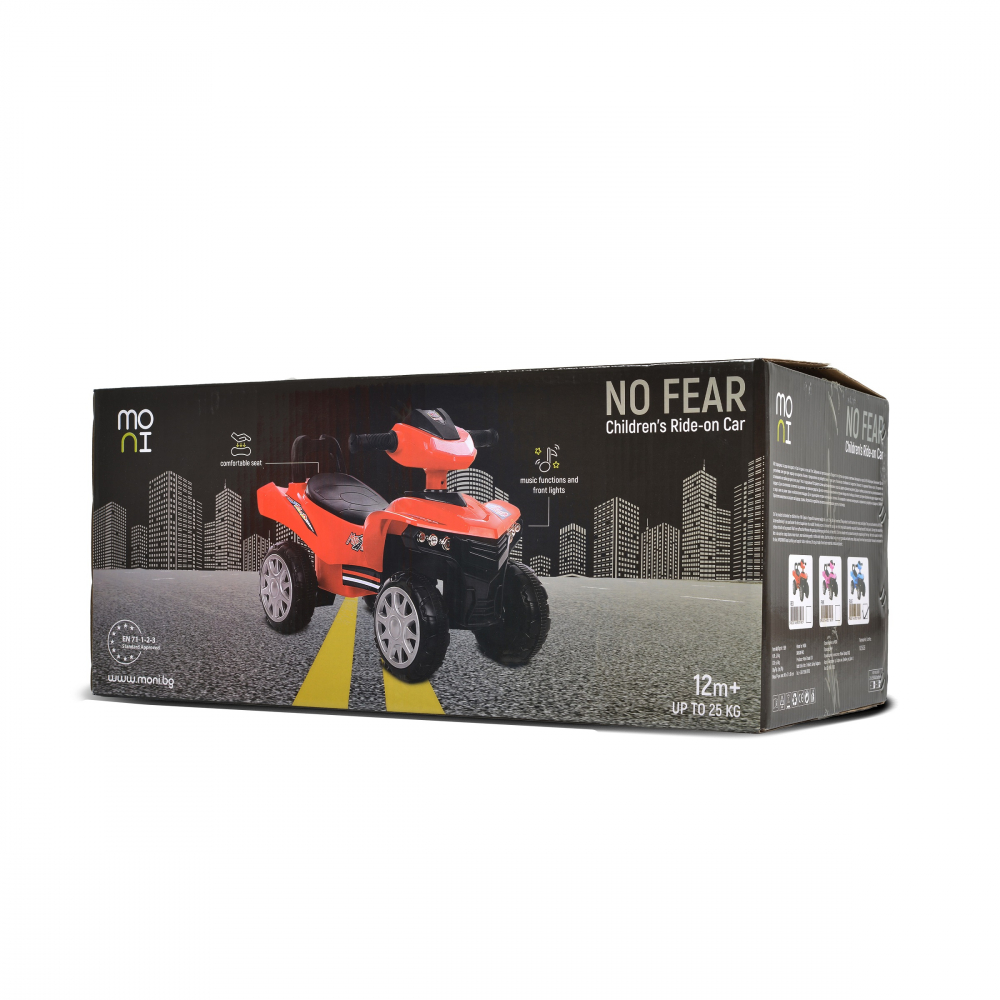 ATV copii fara pedale Moni No Fear Red cu compartiment pentru jucarii, volan cu claxon, functii luminoase si muzicale, spatar,roti rezistente,sistem antirasturnare