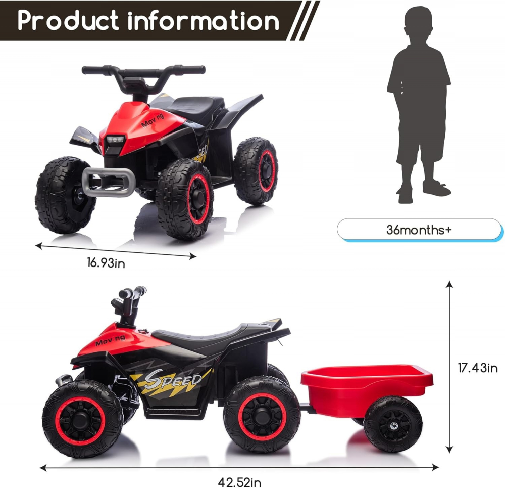 Atv electric cu remorca Nichiduta Mooving Speed Red,roti rezistente,remorca detasabila,acumulator 6V4.5Ah,motor 35w,suport picioare