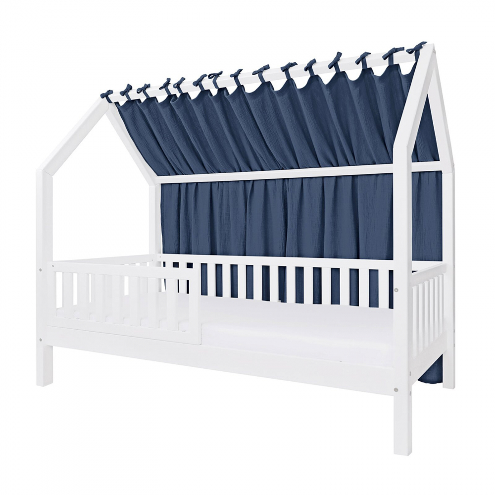 Baldachin lateral din muselina pentru pat tip casuta, Little Amy, Albastru inchis, 140x155 cm