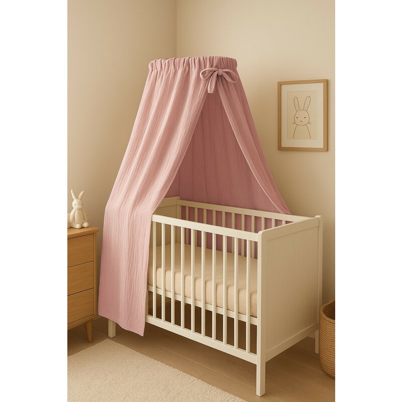 Baldachin pentru patutleagan Qmini Powder Pink din muselina dubla, 145x200 cm