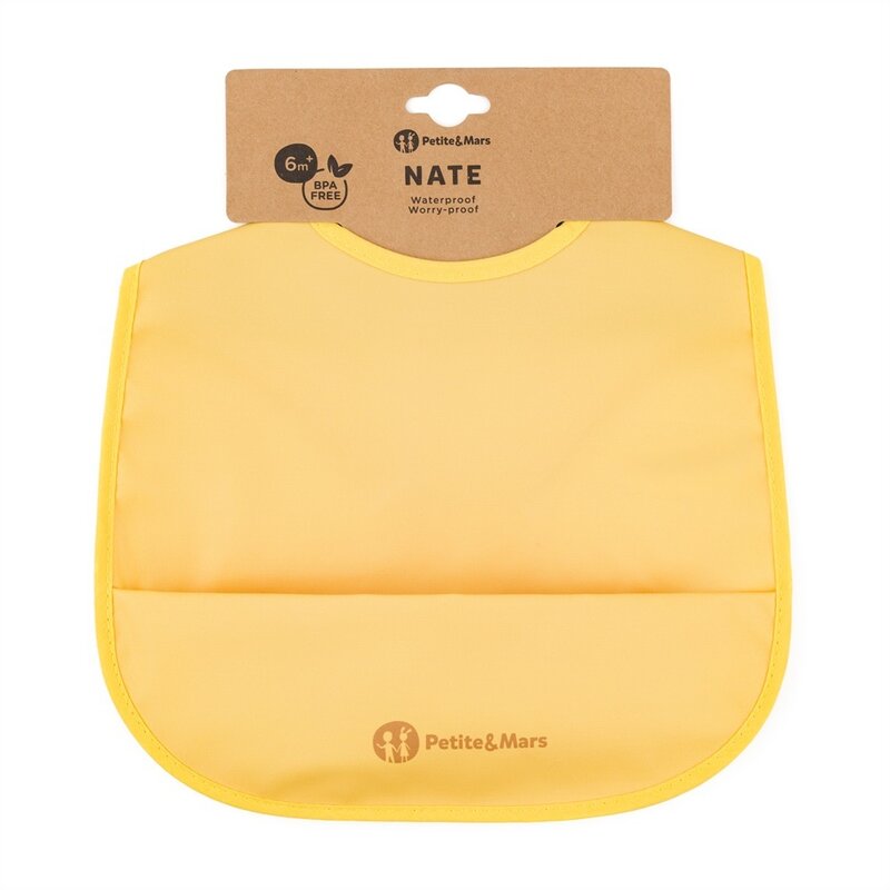 Baveta impermeabila cu buzunar PetiteMars Nate, fara pvc si ftalati, 37x27 cm, 6 luni+, prindere velcro, Ocru - 2 | YEO