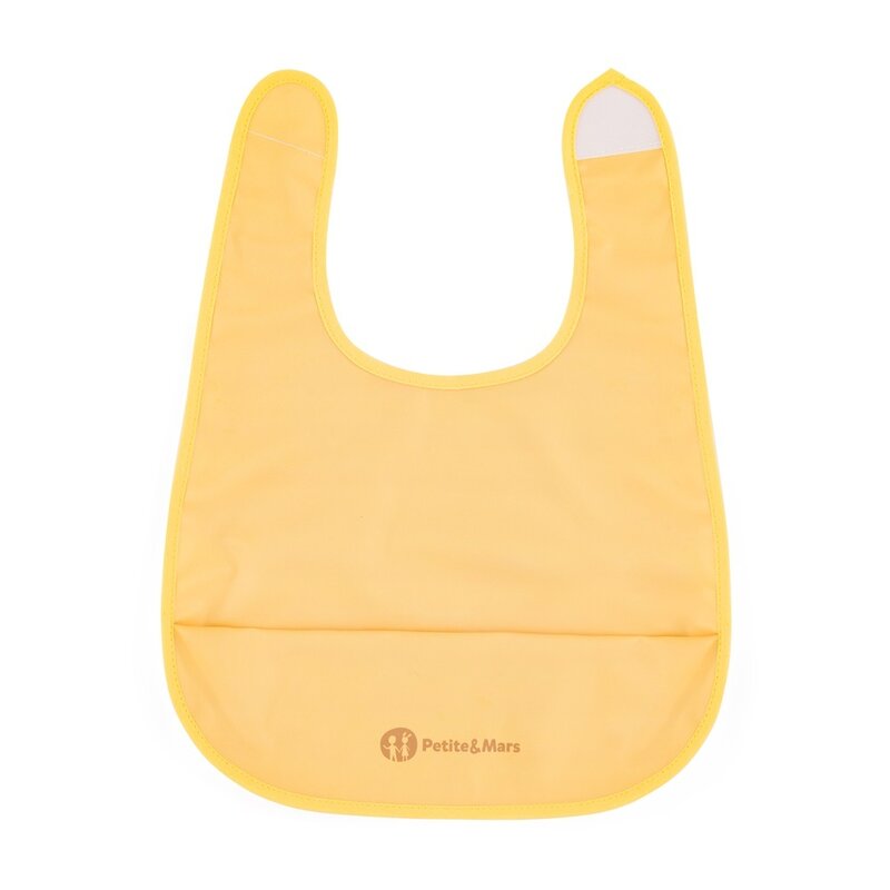 Baveta impermeabila cu buzunar PetiteMars Nate, fara pvc si ftalati, 37x27 cm, 6 luni+, prindere velcro, Ocru