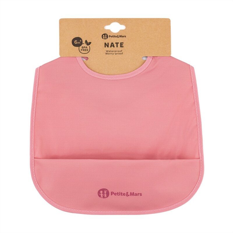 Baveta impermeabila cu buzunar PetiteMars Nate, Fara pvc si ftalati, 37x27 cm, 6 luni+, prindere velcro, Roz - 1 | YEO