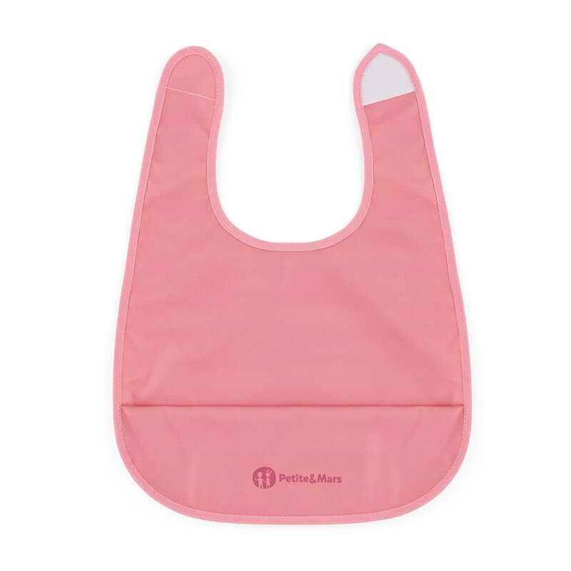 Baveta impermeabila cu buzunar PetiteMars Nate, Fara pvc si ftalati, 37x27 cm, 6 luni+, prindere velcro, Roz
