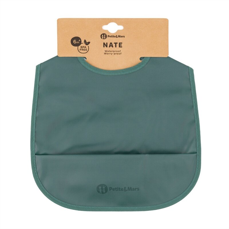 Baveta impermeabila cu buzunar PetiteMars Nate, fara pvc si ftalati, 37x27 cm, 6 luni+, prindere velcro, verde