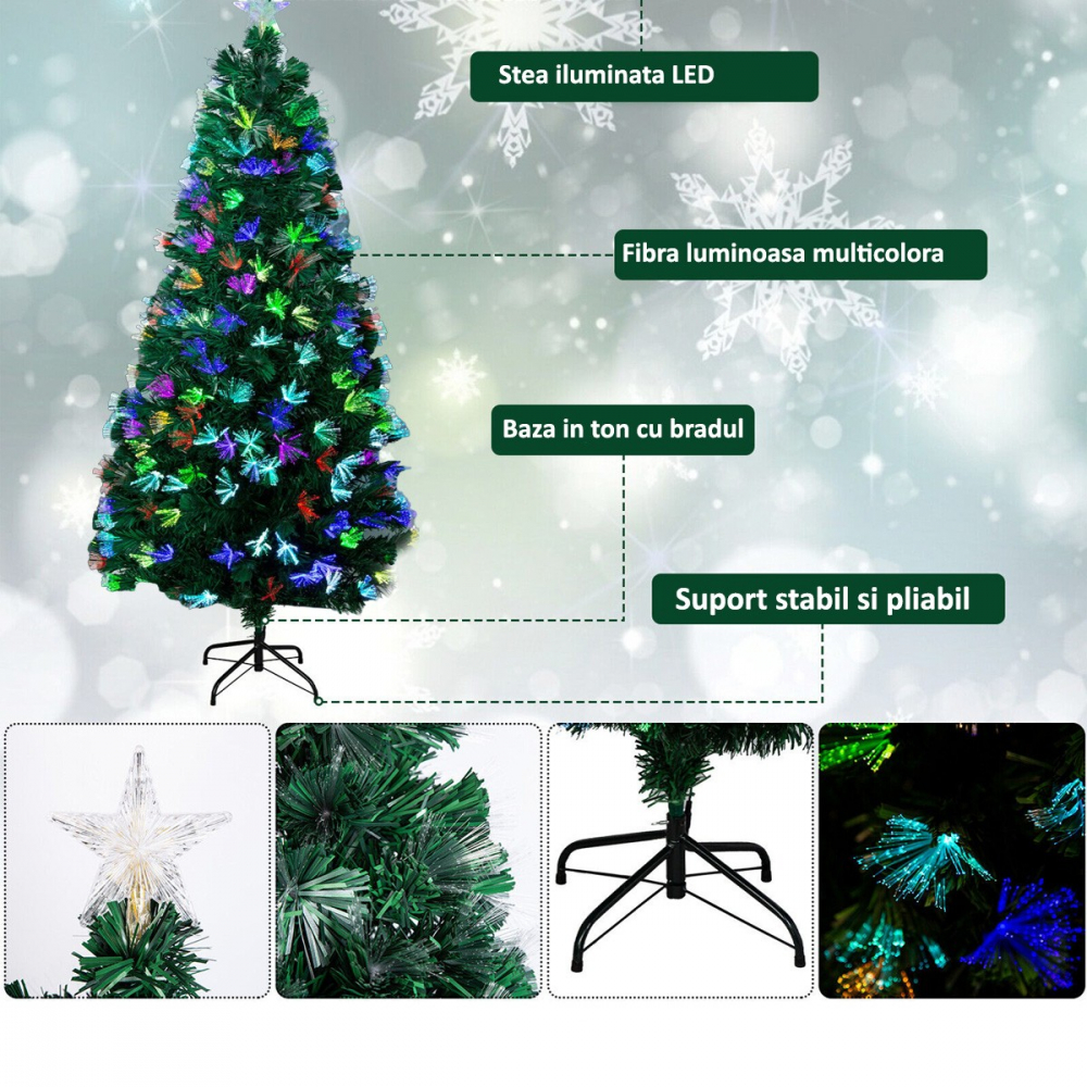 Brad artificial, iluminat fibra optica si led, inaltime 210 cm, ramuri flexibile, suport metalic - 1