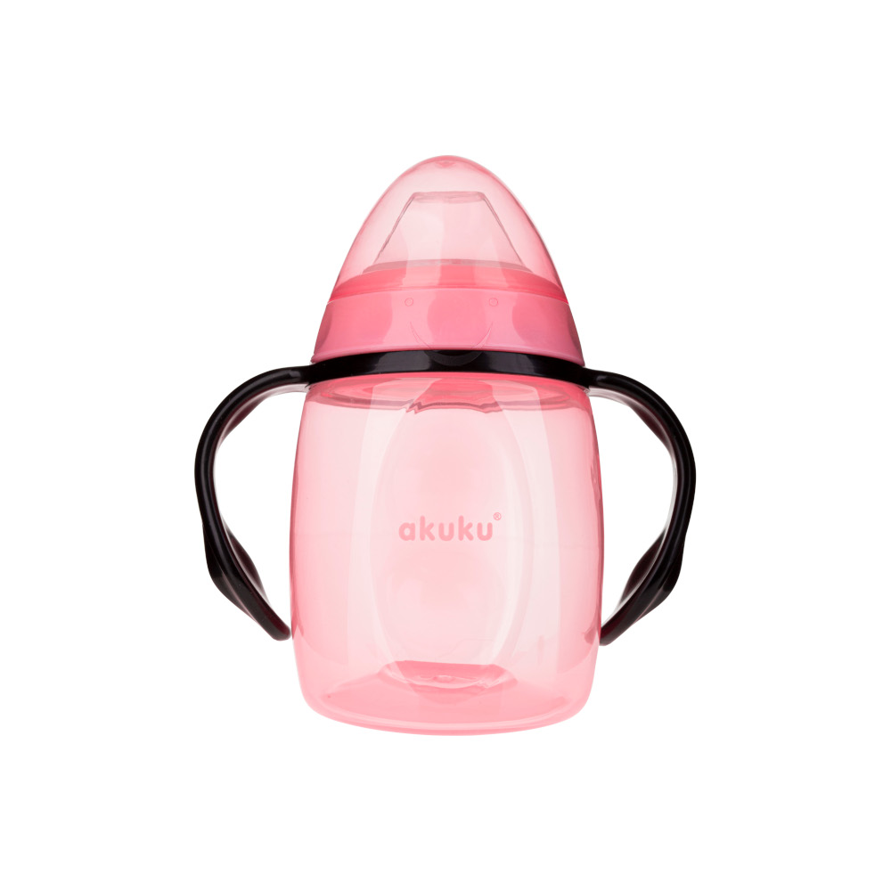 Cana cu cioc din silicon pentru copii Akuku 280ml Roz,manere largi confortabile,materiale sigure fara BPA,rezerva tetina inclusa,recomandat de la 9 luni - 2 | YEO
