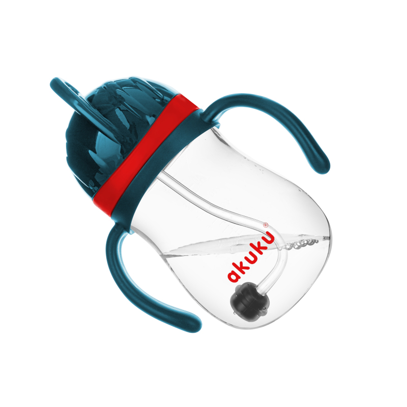 Cana de antrenament Akuku AlbastruRosu 280ml anti-varsare cu manere si pai cu greutate,capac mobil de protectie