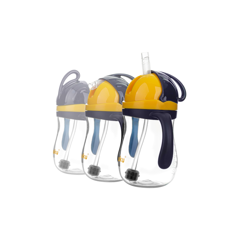 Cana de antrenament Akuku NavyGalben 280ml anti-varsare cu manere si pai cu greutate,capac mobil de protectie