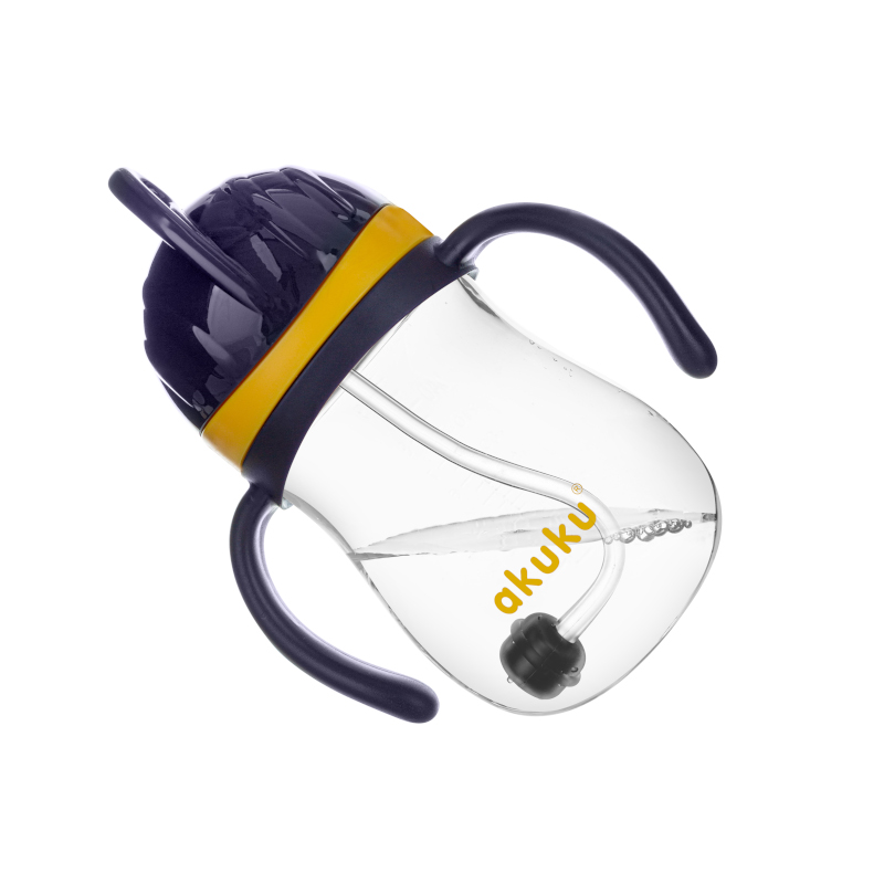 Cana de antrenament Akuku NavyGalben 280ml anti-varsare cu manere si pai cu greutate,capac mobil de protectie - 1 | YEO