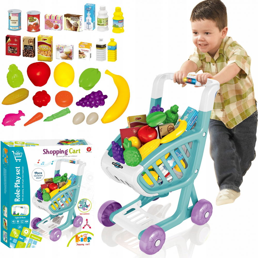 Carucior de cumparaturi pentru copii Matadi Blue cu roti mobile, prevazut cu lumini si 16 melodii , echipat cu 41 accesorii realiste, dimensiune 34x24x44.5 cm