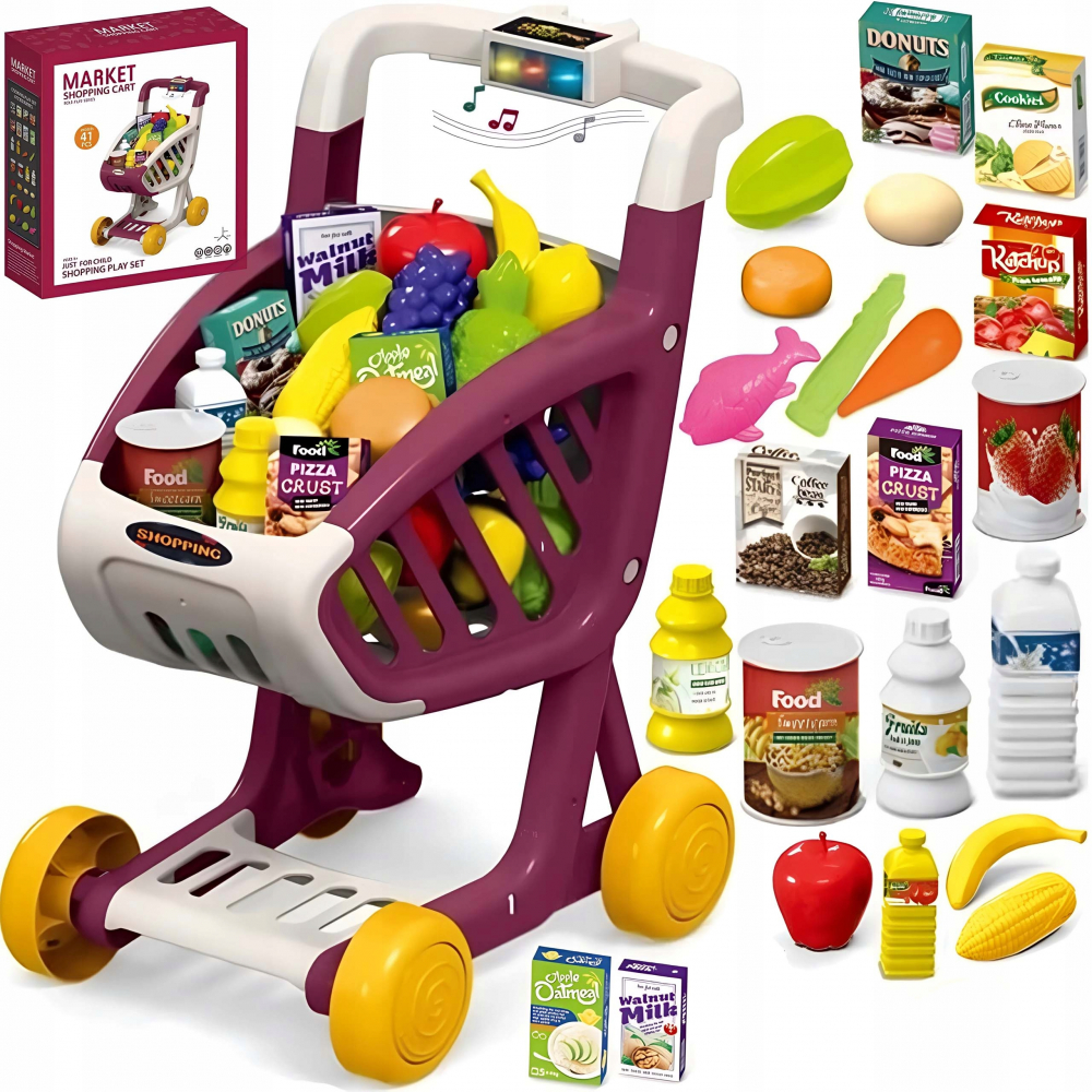 Carucior de cumparaturi pentru copii Matadi Dark Pink cu roti mobile, prevazut cu lumini si 16 melodii , echipat cu 41 accesorii realiste, dimensiune 34x24x44.5 cm