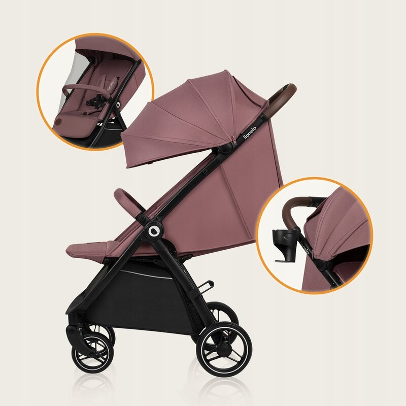 Carucior pentru copii Lionelo Ingrid Roz, sport, capotina impermeabila cu filtru UPF50+, pana la 22 kg, spatar reglabil, suport pahar si plasa de tantari, sistem pentru pliere automata - 3