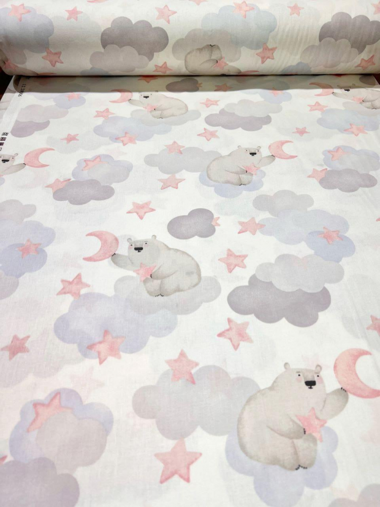 Cearsaf pentru pat copii Nichiduta Bear cloud pink 120x60 cm din bumbac cu banda elastica roata