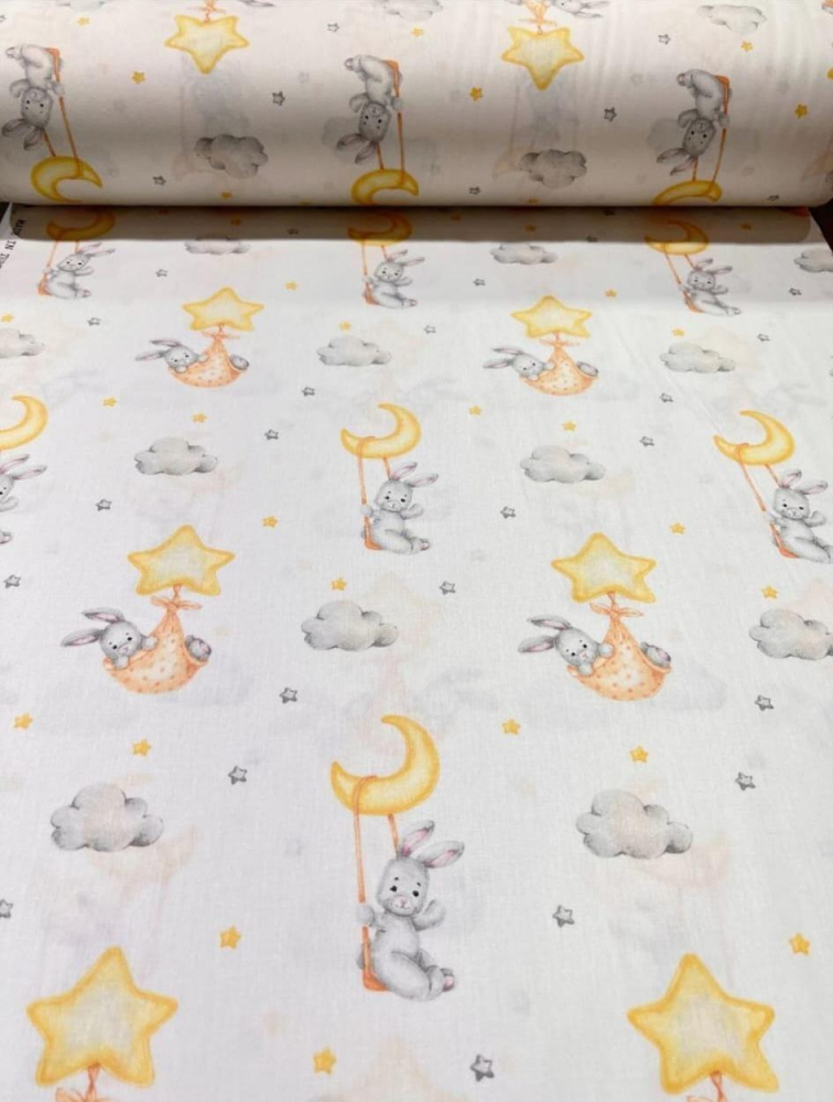 Cearsaf pentru pat copii Nichiduta Bunny with moon and stars 120x60 cm din bumbac cu banda elastica roata