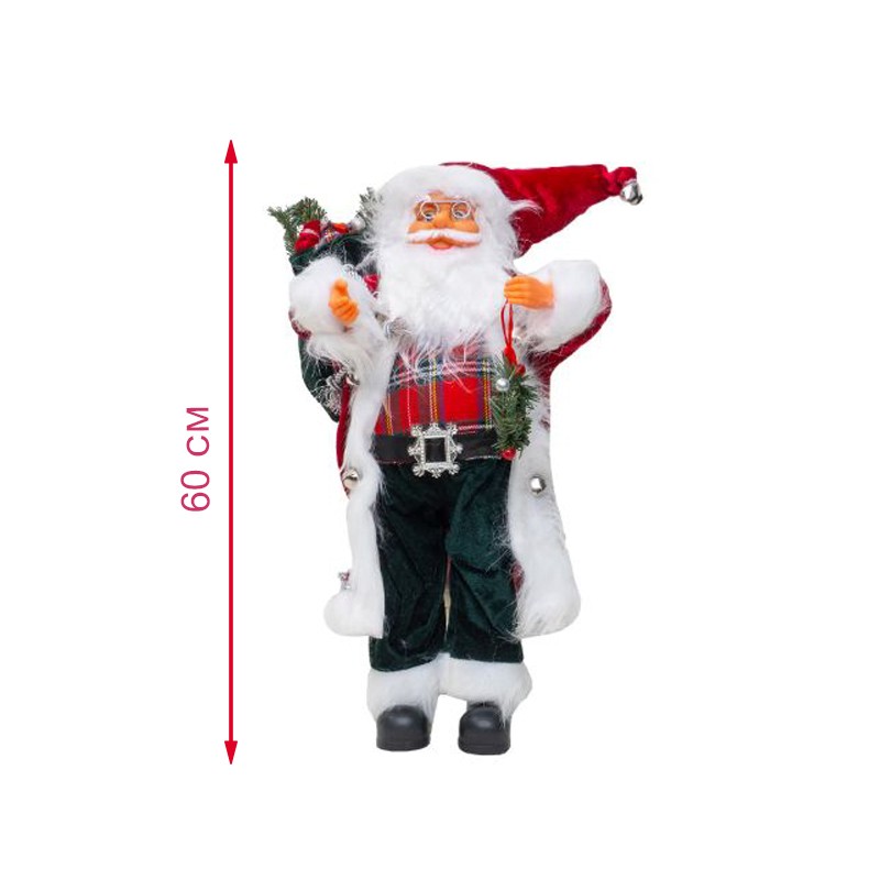 Decoratiune mos craciun 60 cm, sac de cadouri, coronita, blanita artificiala