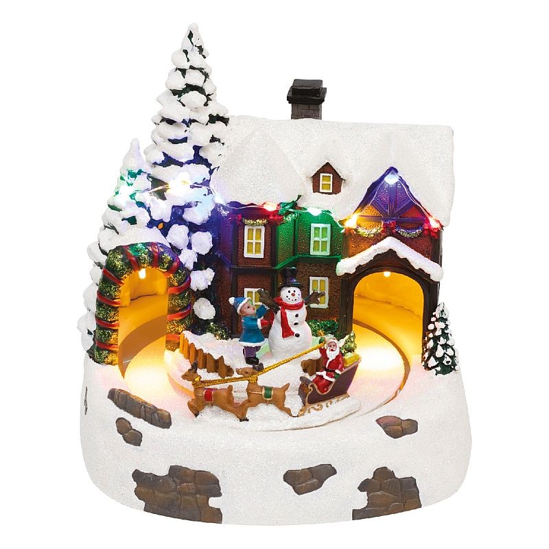 Diorama craciun, led-uri multicolore, sanie rotativa cu reni, om de zapada, 20.5x20 cm