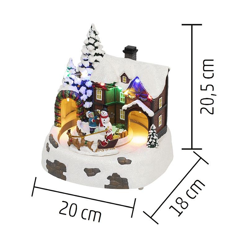 Diorama craciun, led-uri multicolore, sanie rotativa cu reni, om de zapada, 20.5x20 cm - 1